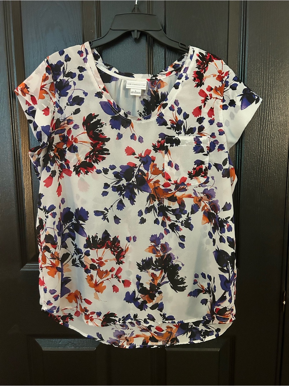 Liz Claiborne White Floral Short Sleeve Top with Purple, Orange and Black Blooms